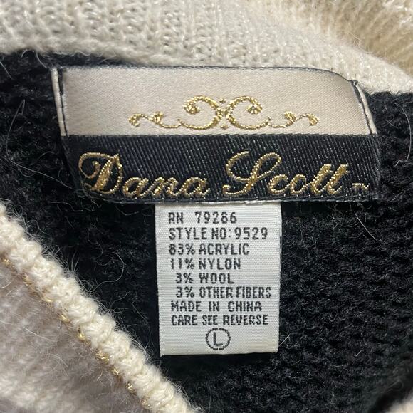 VTG Dana Scott Wool Blend Holiday Christmas Poinsettia Sweater Black Gold Size L - Picture 5 of 6